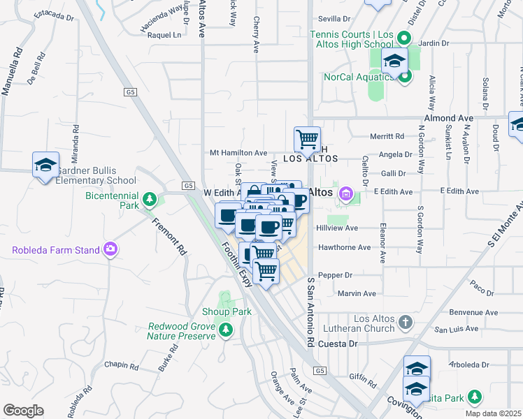 map of restaurants, bars, coffee shops, grocery stores, and more near 86 3rd Street in Los Altos