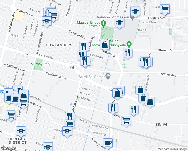 map of restaurants, bars, coffee shops, grocery stores, and more near in Sunnyvale