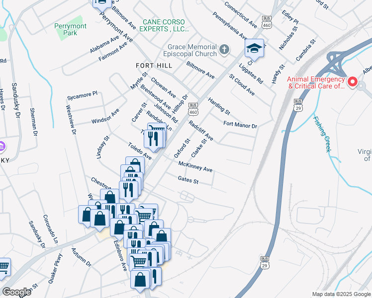 map of restaurants, bars, coffee shops, grocery stores, and more near 4716 Oxford Street in Lynchburg