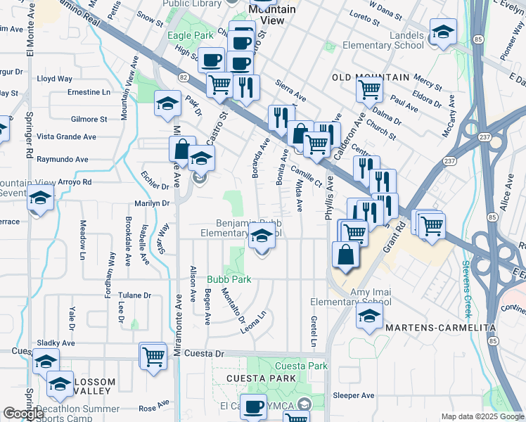 map of restaurants, bars, coffee shops, grocery stores, and more near 1135 Boranda Avenue in Mountain View