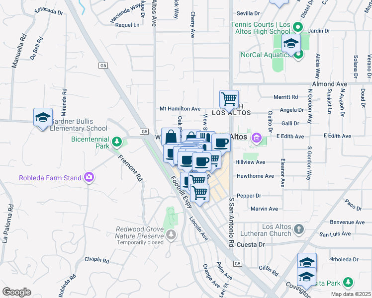 map of restaurants, bars, coffee shops, grocery stores, and more near 101 2nd Street in Los Altos