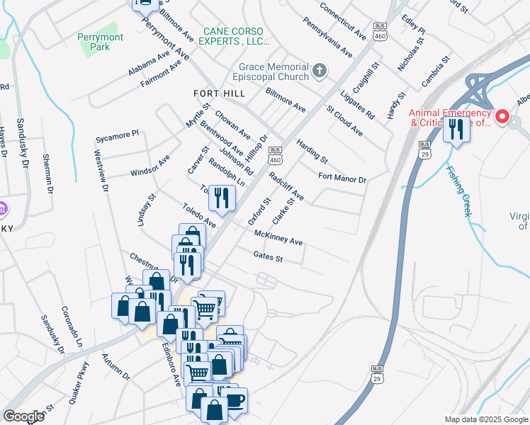 map of restaurants, bars, coffee shops, grocery stores, and more near 4716 Oxford Street in Lynchburg