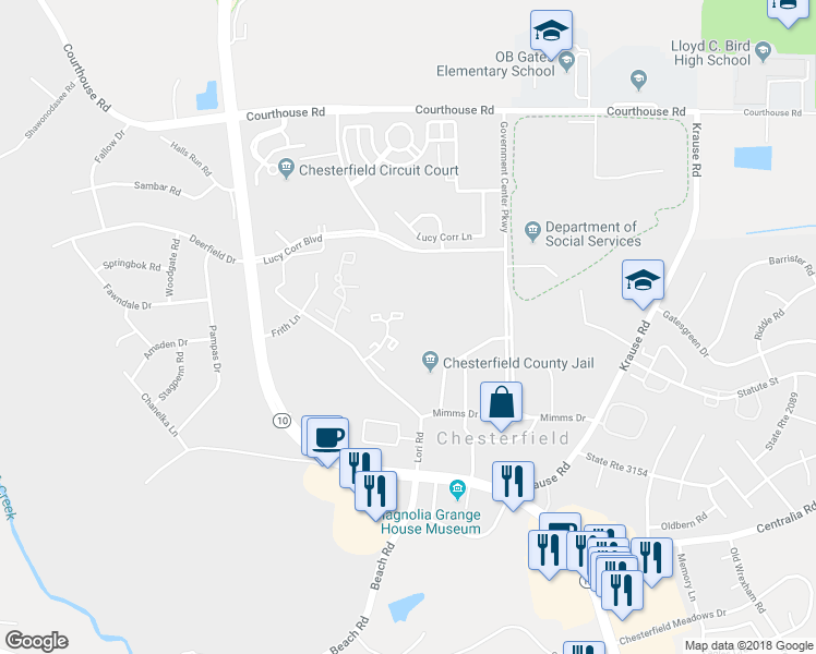 map of restaurants, bars, coffee shops, grocery stores, and more near 6913 East Fox Green in Chesterfield