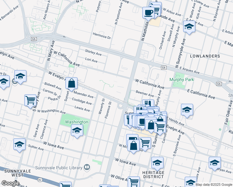 map of restaurants, bars, coffee shops, grocery stores, and more near 490 West California Avenue in Sunnyvale