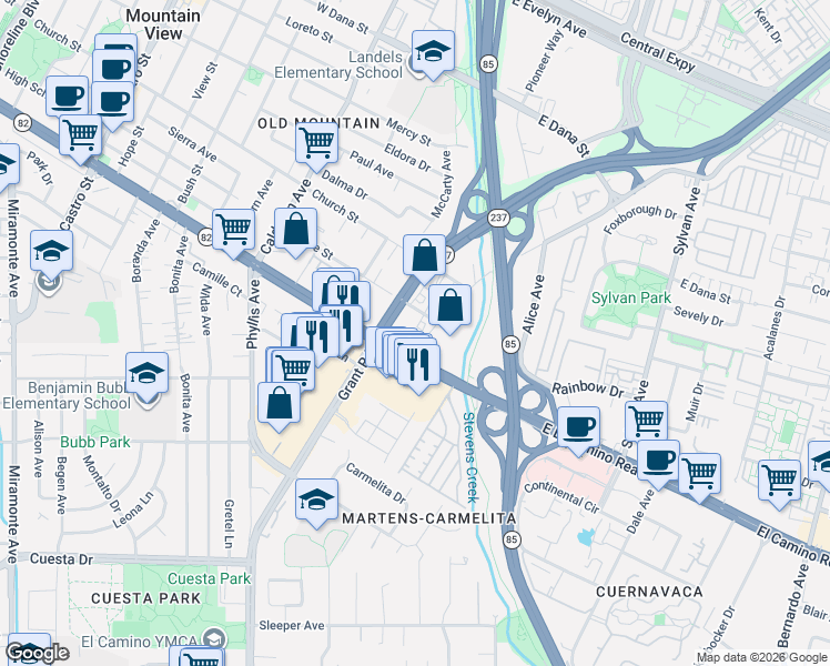 map of restaurants, bars, coffee shops, grocery stores, and more near 150 East El Camino Real in Mountain View