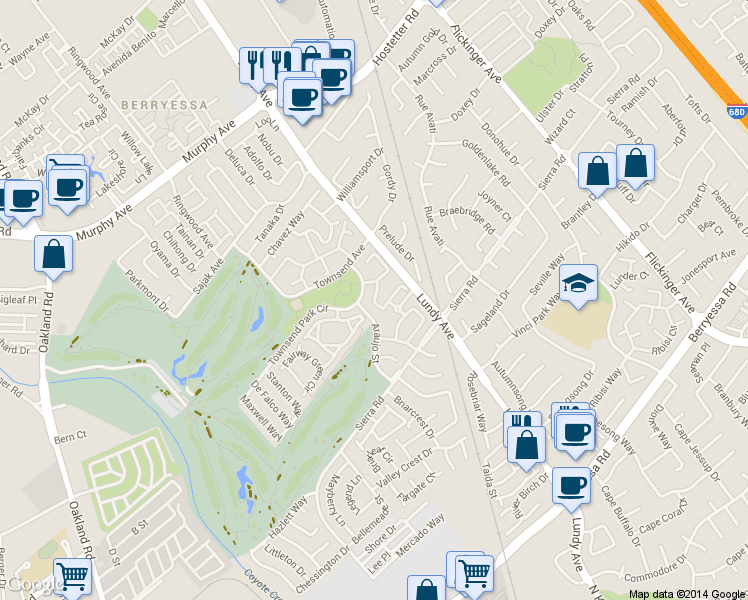 map of restaurants, bars, coffee shops, grocery stores, and more near 1638 Ambergrove Drive in San Jose