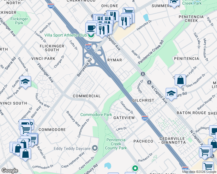 map of restaurants, bars, coffee shops, grocery stores, and more near 2190 Calla Court in San Jose