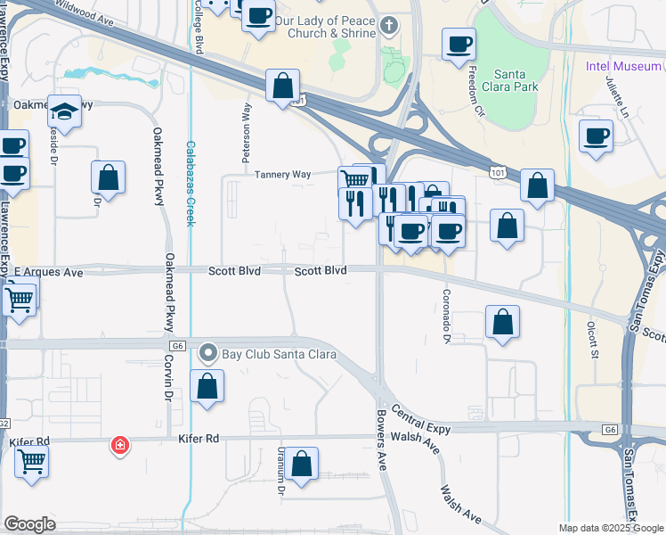 map of restaurants, bars, coffee shops, grocery stores, and more near 3320 Scott Boulevard in Santa Clara