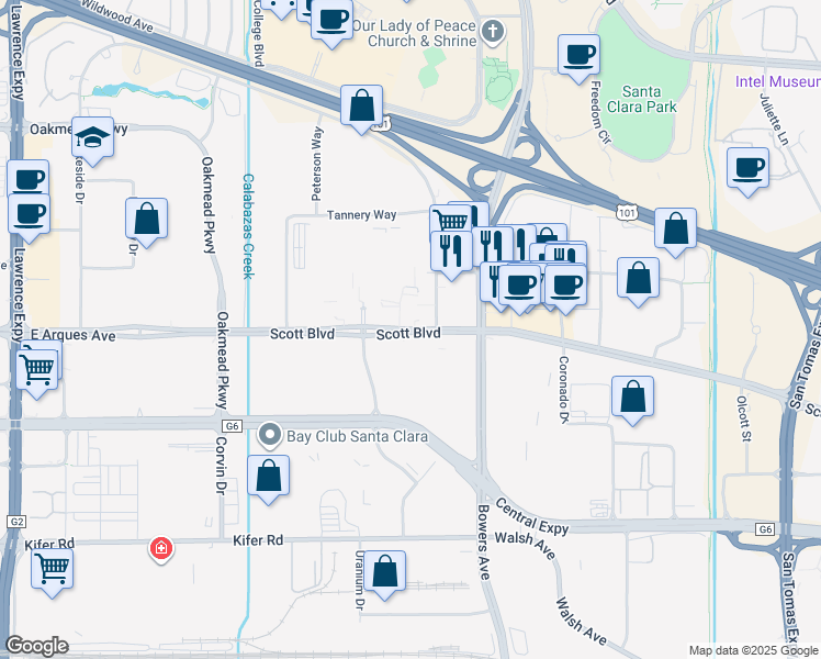 map of restaurants, bars, coffee shops, grocery stores, and more near 3320 Scott Boulevard in Santa Clara