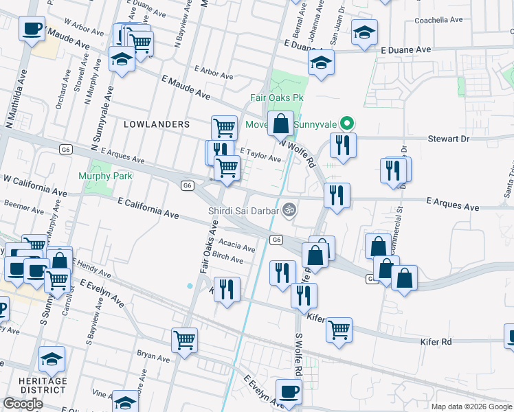 map of restaurants, bars, coffee shops, grocery stores, and more near 690 East Arques Avenue in Sunnyvale