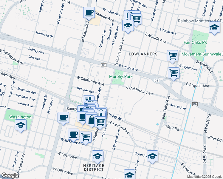 map of restaurants, bars, coffee shops, grocery stores, and more near 6 Oak Court in Sunnyvale