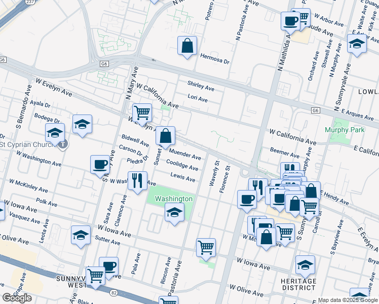 map of restaurants, bars, coffee shops, grocery stores, and more near 820 Muender Avenue in Sunnyvale