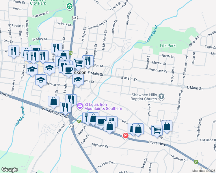 map of restaurants, bars, coffee shops, grocery stores, and more near 682 East Jefferson Street in Jackson