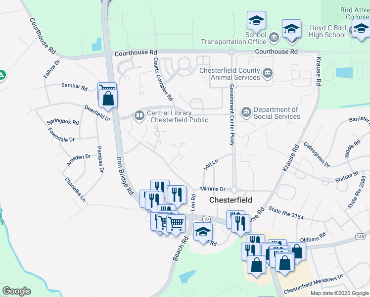 map of restaurants, bars, coffee shops, grocery stores, and more near 6919 Fox Green East in Chesterfield