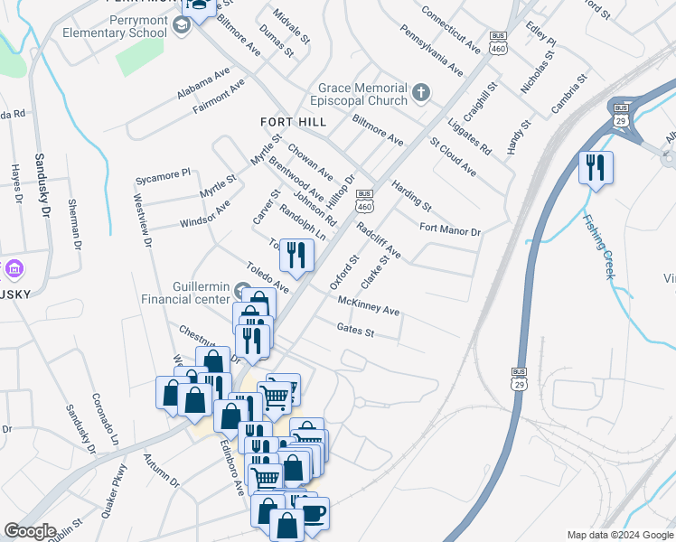 map of restaurants, bars, coffee shops, grocery stores, and more near 4721 Oxford Street in Lynchburg