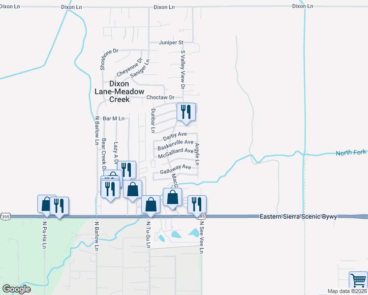 map of restaurants, bars, coffee shops, grocery stores, and more near 2225-2299 Fiora Ave in Bishop