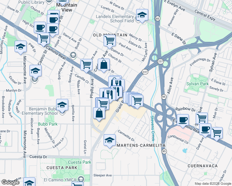 map of restaurants, bars, coffee shops, grocery stores, and more near 36 Oak Lane in Mountain View