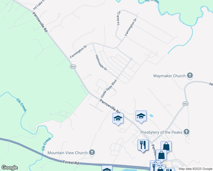 map of restaurants, bars, coffee shops, grocery stores, and more near 1229 Commonwealth Circle in Forest