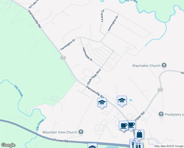 map of restaurants, bars, coffee shops, grocery stores, and more near Glade Springs Boulevard in Forest