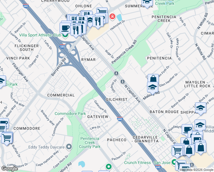 map of restaurants, bars, coffee shops, grocery stores, and more near 2491 Golzio Court in San Jose