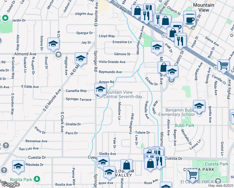 map of restaurants, bars, coffee shops, grocery stores, and more near 1445 Meadow Lane in Mountain View