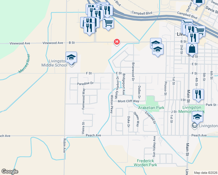 map of restaurants, bars, coffee shops, grocery stores, and more near 457 Tashima Court in Livingston