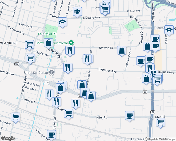 map of restaurants, bars, coffee shops, grocery stores, and more near 920 East Arques Avenue in Sunnyvale