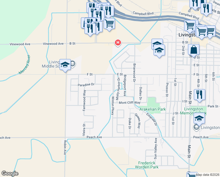 map of restaurants, bars, coffee shops, grocery stores, and more near 457 Tashima Court in Livingston