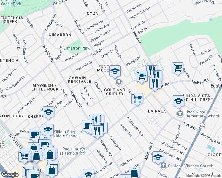 map of restaurants, bars, coffee shops, grocery stores, and more near 11967 Gridley Street in San Jose