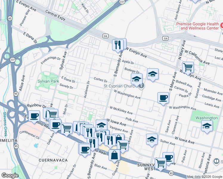 map of restaurants, bars, coffee shops, grocery stores, and more near South Bernardo Avenue & West Washington Avenue in Sunnyvale