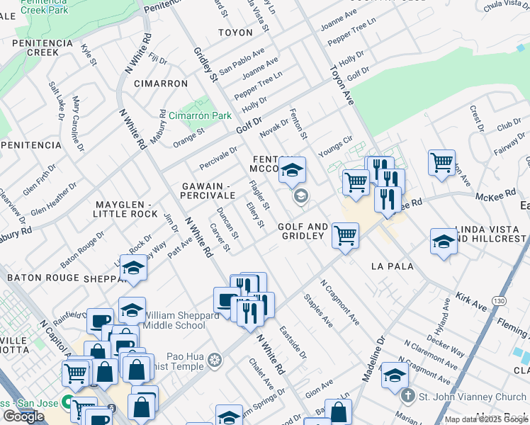 map of restaurants, bars, coffee shops, grocery stores, and more near 11941 Flagler Street in San Jose