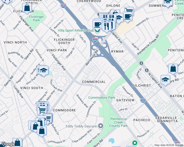map of restaurants, bars, coffee shops, grocery stores, and more near 1037 Thyme Walkway in San Jose