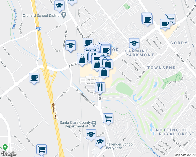 map of restaurants, bars, coffee shops, grocery stores, and more near 1089 Dewberry Place in San Jose