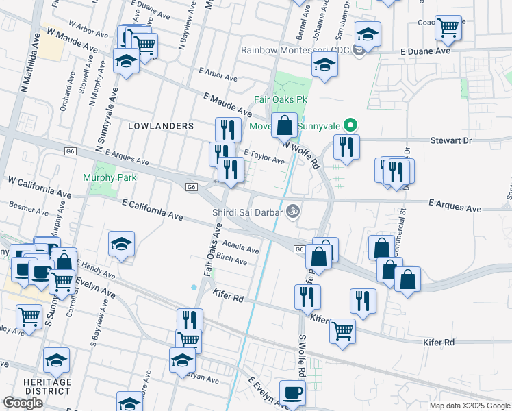map of restaurants, bars, coffee shops, grocery stores, and more near 690 East Arques Avenue in Sunnyvale