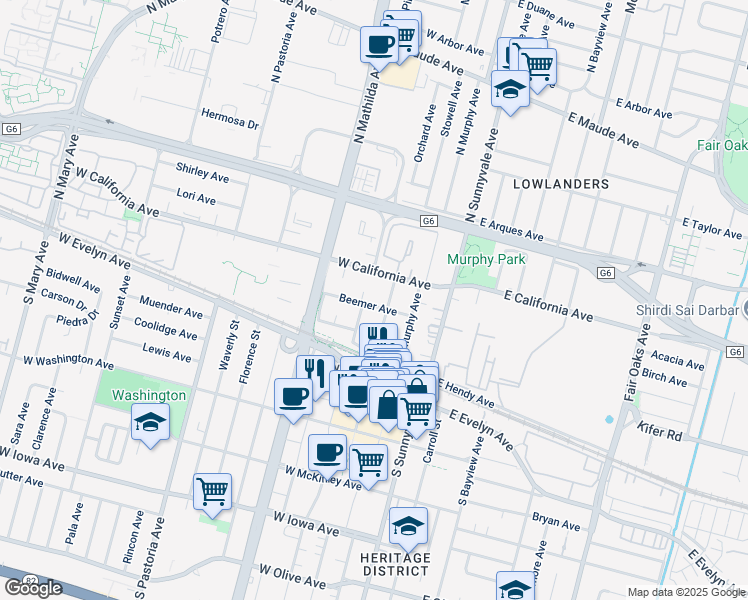 map of restaurants, bars, coffee shops, grocery stores, and more near 166 North Taaffe Street in Sunnyvale