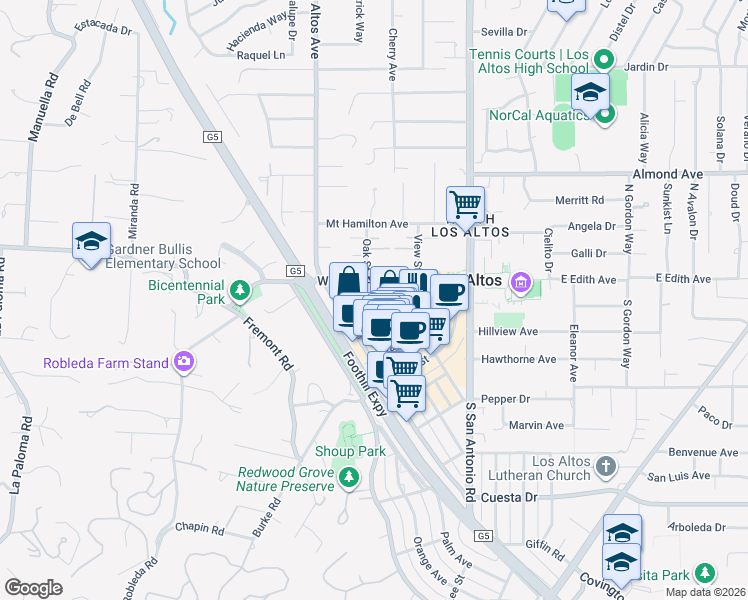 map of restaurants, bars, coffee shops, grocery stores, and more near 296 State Street in Los Altos