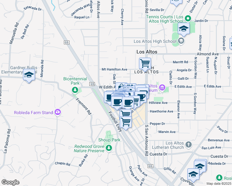 map of restaurants, bars, coffee shops, grocery stores, and more near 296 State Street in Los Altos