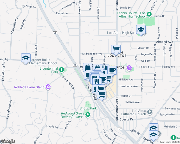 map of restaurants, bars, coffee shops, grocery stores, and more near 114 1st Street in Los Altos
