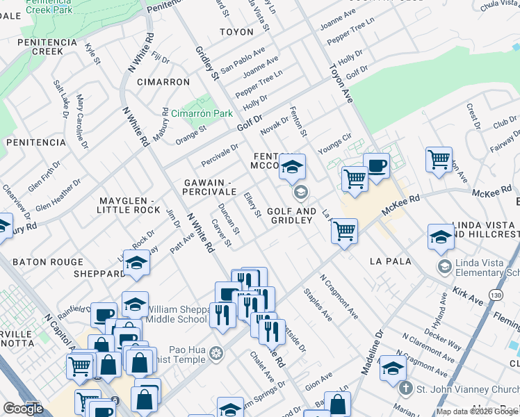 map of restaurants, bars, coffee shops, grocery stores, and more near 11990 Ridge Vista Avenue in San Jose