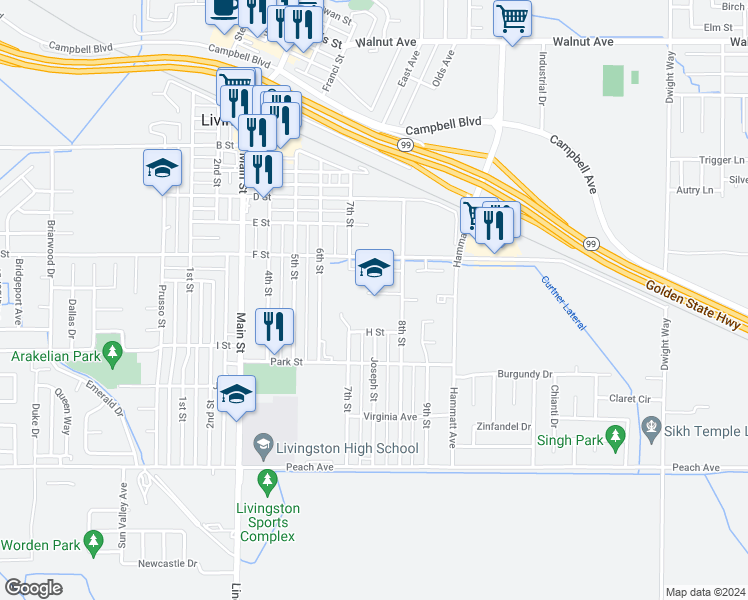 map of restaurants, bars, coffee shops, grocery stores, and more near 1845 H Street in Livingston