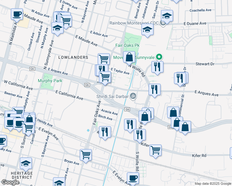 map of restaurants, bars, coffee shops, grocery stores, and more near 250 Santa Fe Terrace in Sunnyvale