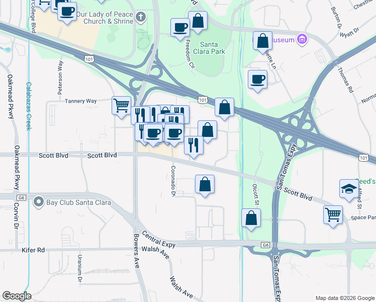 map of restaurants, bars, coffee shops, grocery stores, and more near 3320 Montgomery Drive in Santa Clara