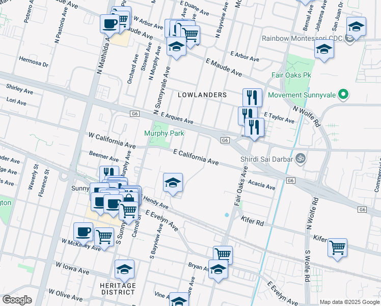map of restaurants, bars, coffee shops, grocery stores, and more near 201 Morse Avenue in Sunnyvale
