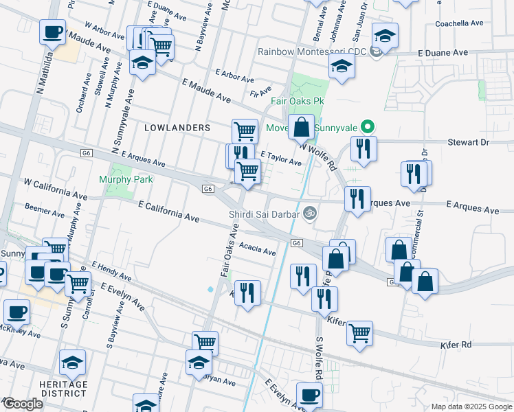 map of restaurants, bars, coffee shops, grocery stores, and more near 620 E Arques Ave in Sunnyvale