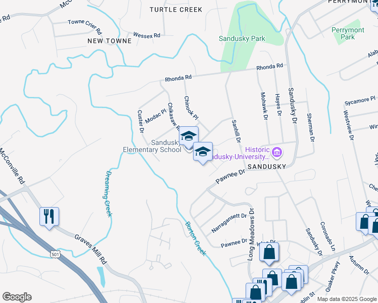 map of restaurants, bars, coffee shops, grocery stores, and more near 5828 Apache Lane in Lynchburg