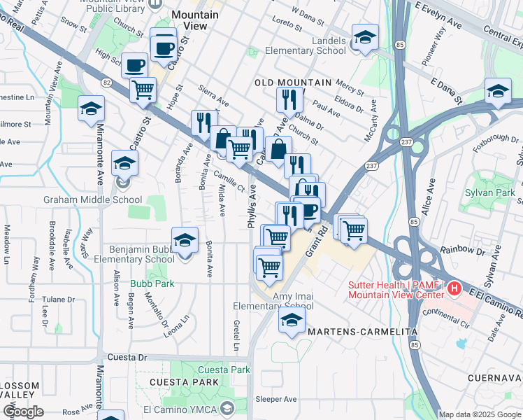 map of restaurants, bars, coffee shops, grocery stores, and more near 225 Pamela Drive in Mountain View