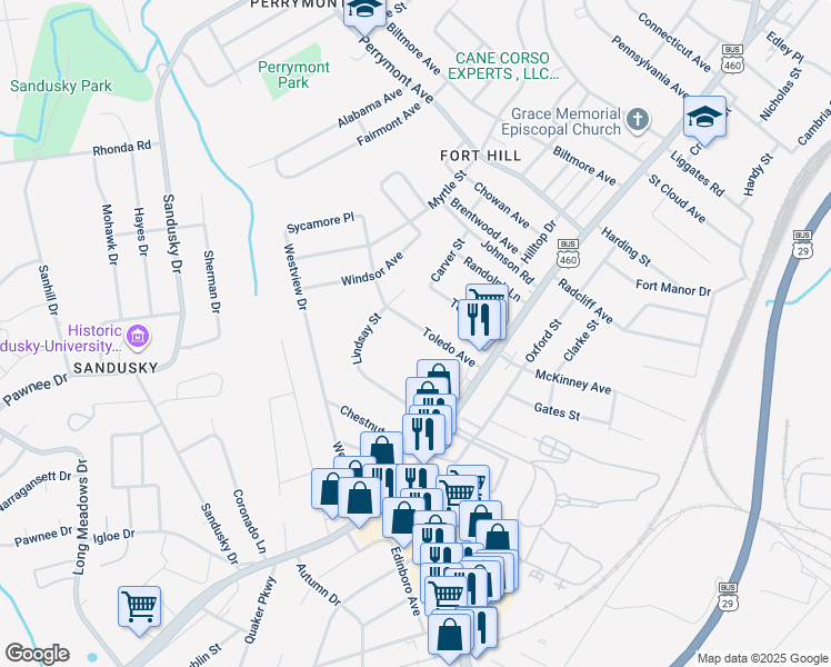 map of restaurants, bars, coffee shops, grocery stores, and more near 1125 Toledo Avenue in Lynchburg