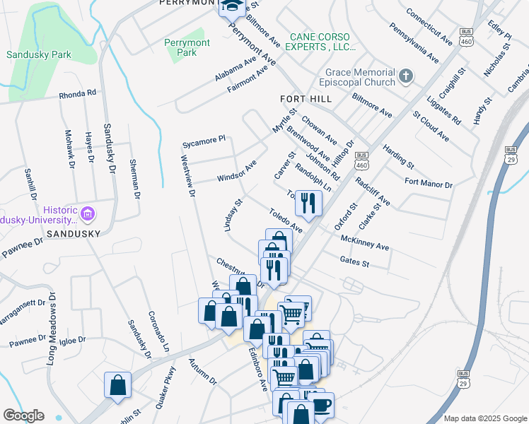map of restaurants, bars, coffee shops, grocery stores, and more near 1125 Toledo Avenue in Lynchburg