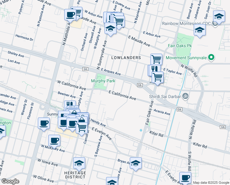 map of restaurants, bars, coffee shops, grocery stores, and more near 245 Morse Avenue in Sunnyvale