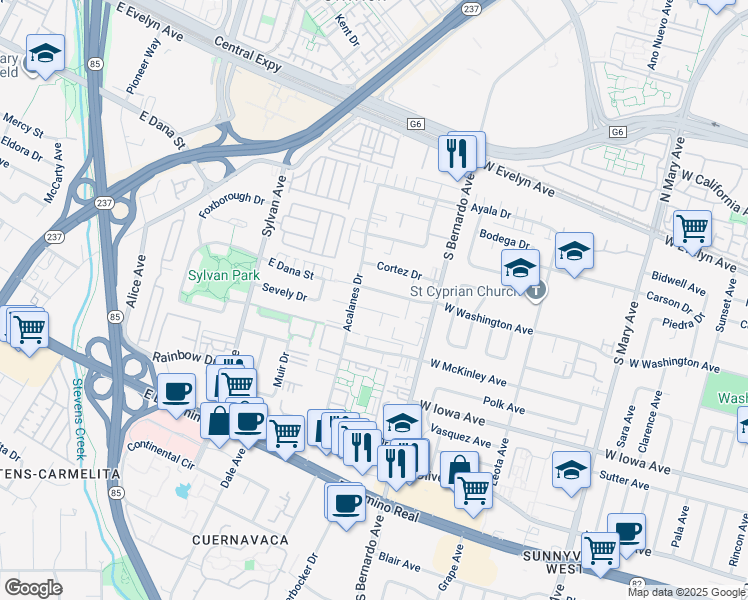 map of restaurants, bars, coffee shops, grocery stores, and more near 1263 West Washington Avenue in Sunnyvale